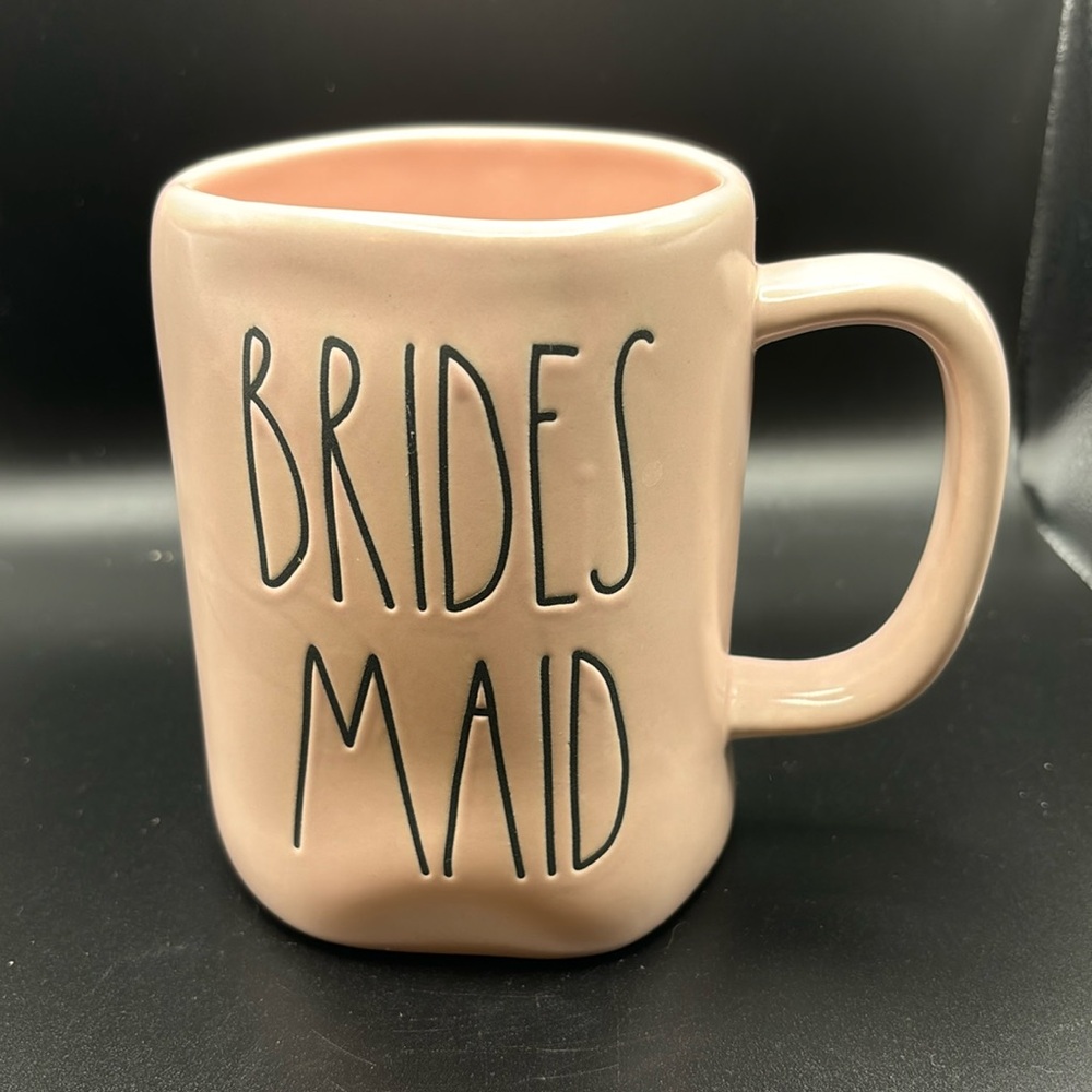 Rae Dunn “Brides Maid” coffee mug pink and black in color